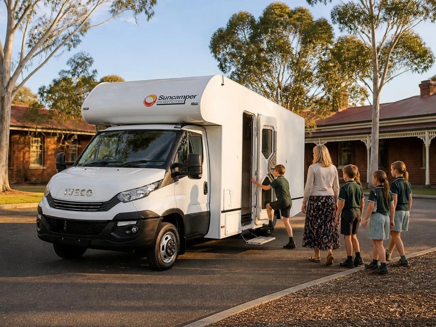 Mobile classroom parked outside a school, front three-quarter view