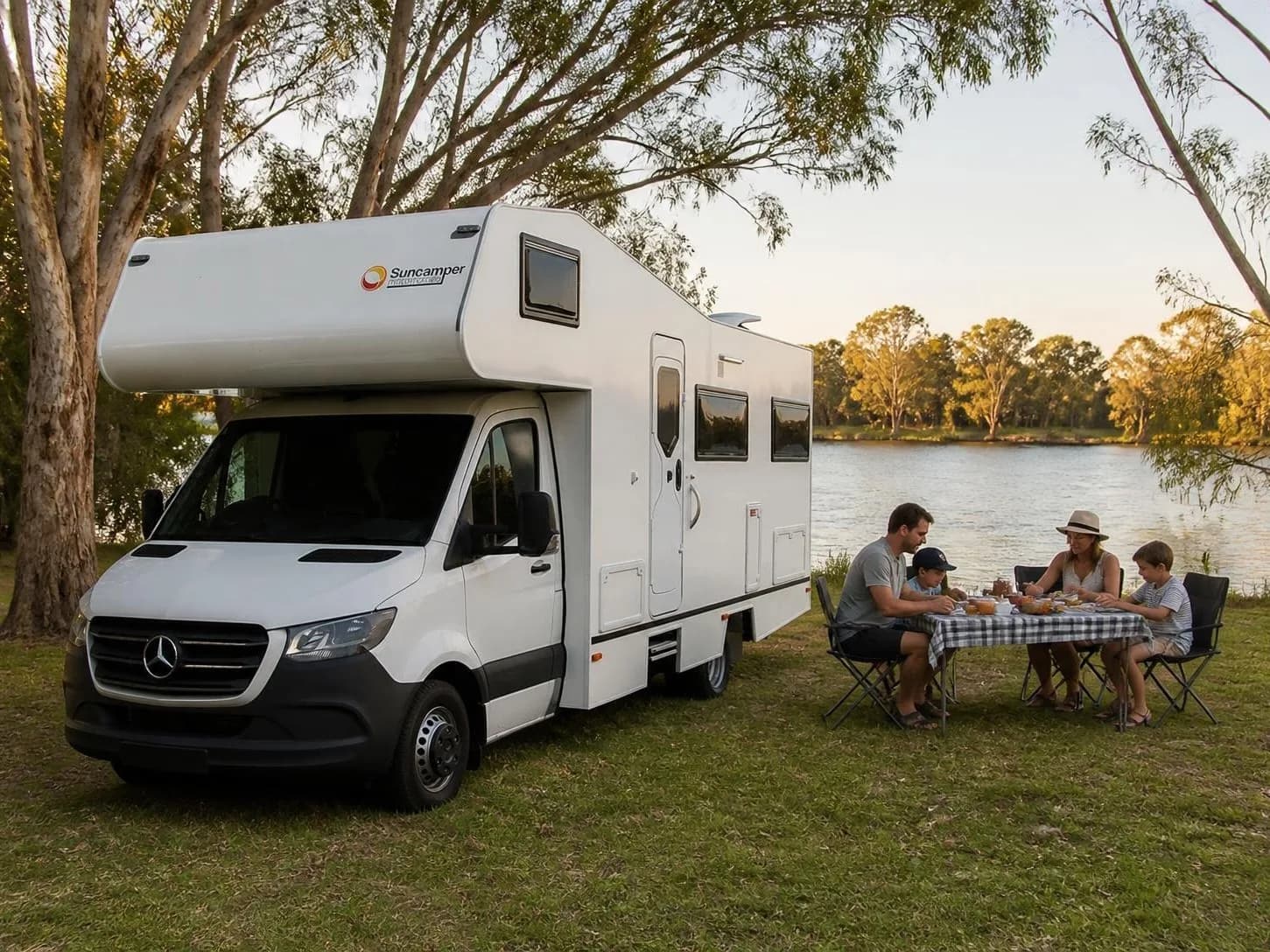 Motorhome on a van chassis parked beside a river