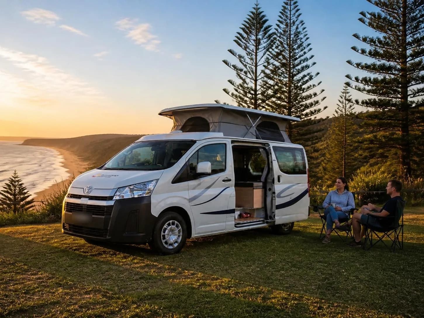 Pop-top camper van with the roof raised, parked by the coast
