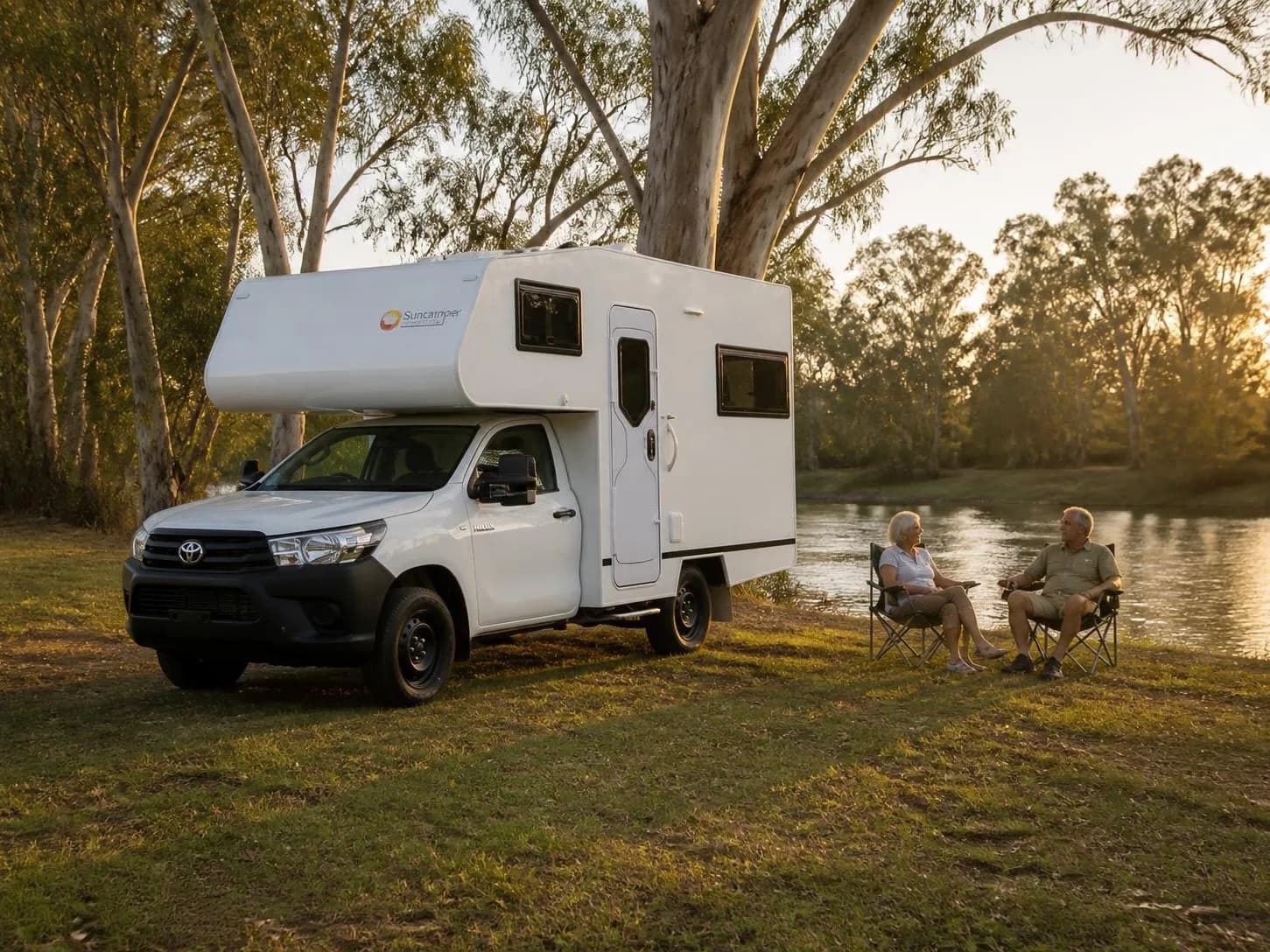 Compact slide-on motorhome on a utility chassis beside a river