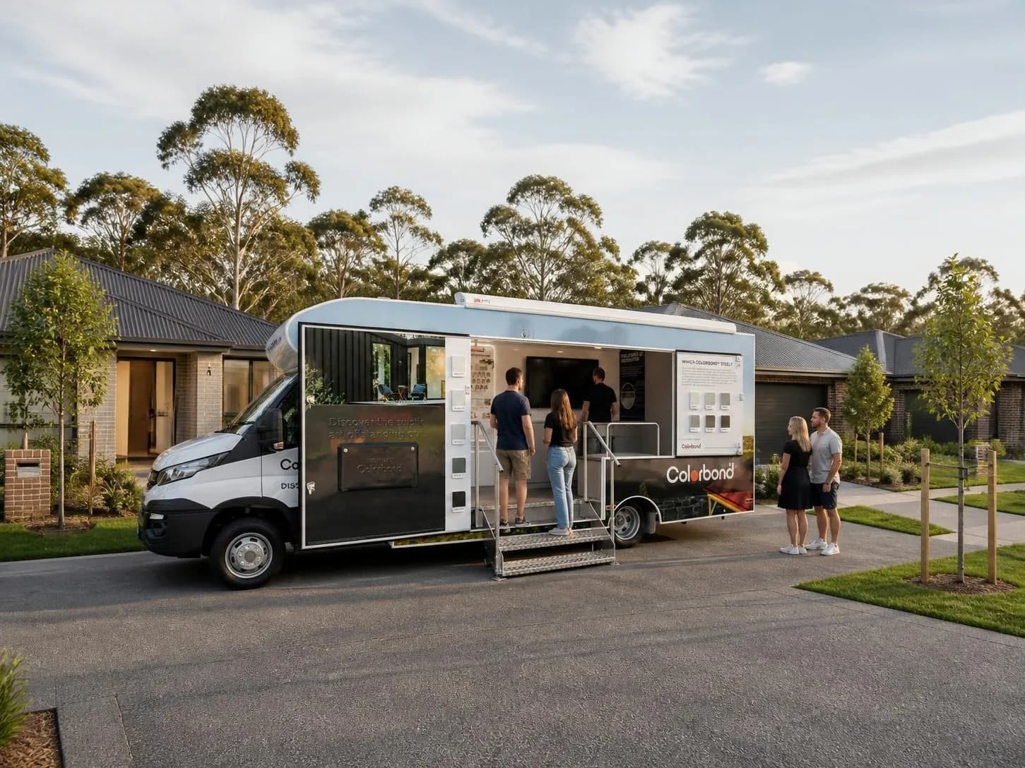 Mobile showroom in trade-brand livery, side display open with steps, at a display home village